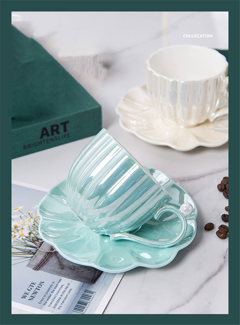 Filiżanka do kawy ceramiczna z ozdobnym spodkiem - prosta jednokolorowa porcelanowa filiżanka w kształcie muszli, do użytku w domu i biurze - Wianko - 3