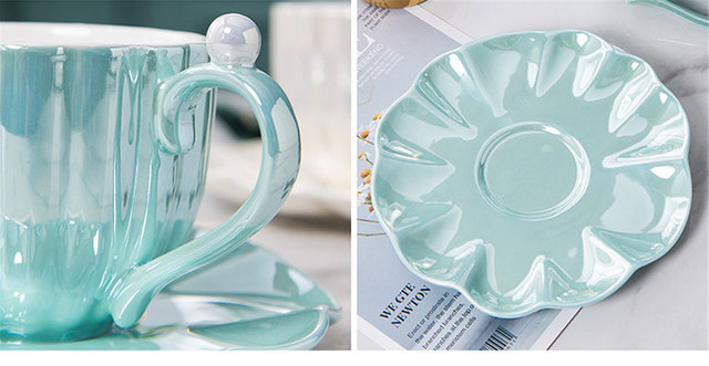 Filiżanka do kawy ceramiczna z ozdobnym spodkiem - prosta jednokolorowa porcelanowa filiżanka w kształcie muszli, do użytku w domu i biurze - Wianko - 11