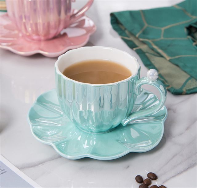 Filiżanka do kawy ceramiczna z ozdobnym spodkiem - prosta jednokolorowa porcelanowa filiżanka w kształcie muszli, do użytku w domu i biurze - Wianko - 9
