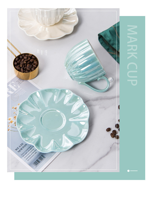 Filiżanka do kawy ceramiczna z ozdobnym spodkiem - prosta jednokolorowa porcelanowa filiżanka w kształcie muszli, do użytku w domu i biurze - Wianko - 8