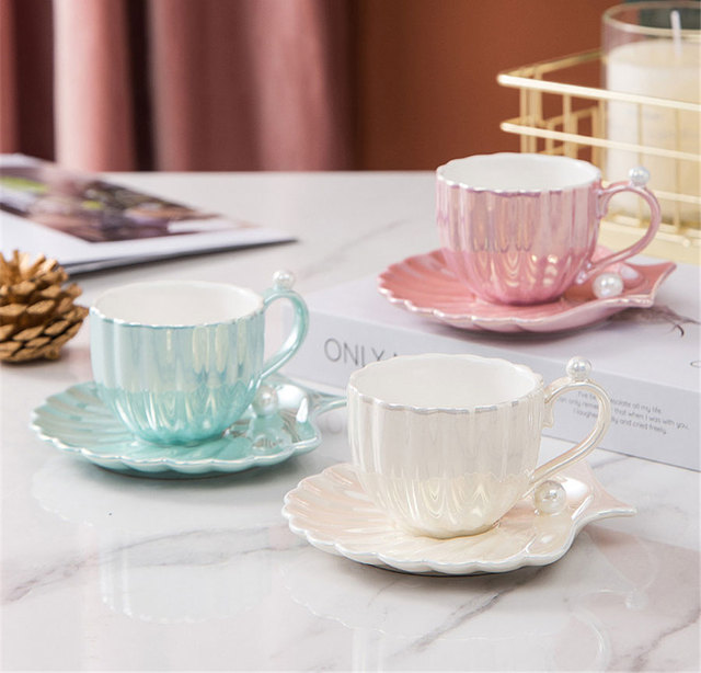 Filiżanka do kawy ceramiczna z ozdobnym spodkiem - prosta jednokolorowa porcelanowa filiżanka w kształcie muszli, do użytku w domu i biurze - Wianko - 15