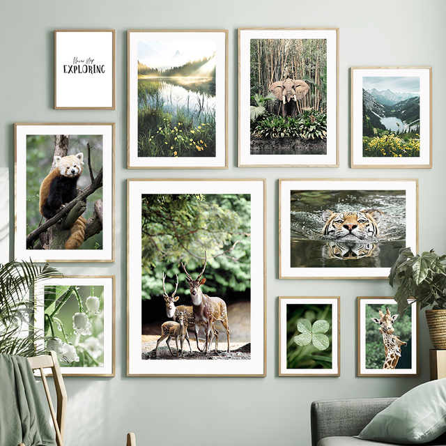 Malarstwo na płótnie - Plakaty i obrazy artystyczne Mountain Lake Forest z motywem słonia, szopki, jelenia i nordyckiego stylu dla dzieci - Dekoracje ścienne do pokoju - Wianko - 4