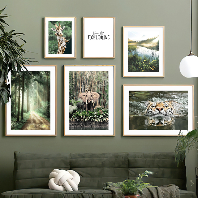 Malarstwo na płótnie - Plakaty i obrazy artystyczne Mountain Lake Forest z motywem słonia, szopki, jelenia i nordyckiego stylu dla dzieci - Dekoracje ścienne do pokoju - Wianko - 3