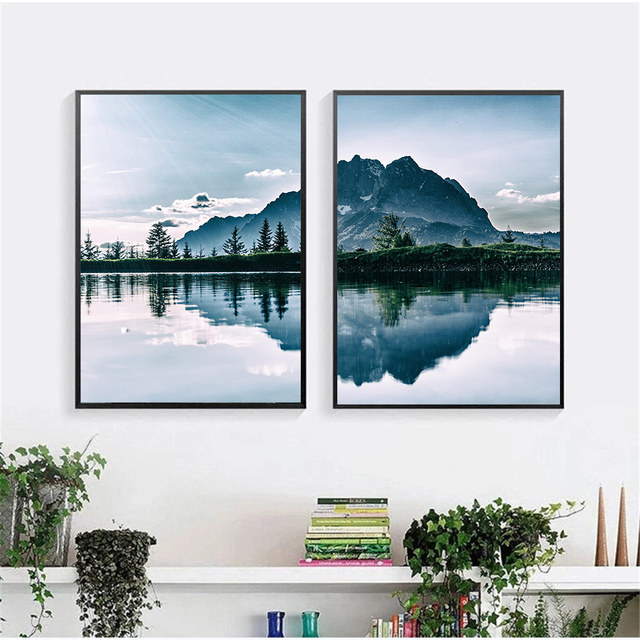Plakat artystyczny na płótnie krajobraz górskiego jeziora Nordic Wall Art malarstwo salon dekoracja domowa - Wianko - 4