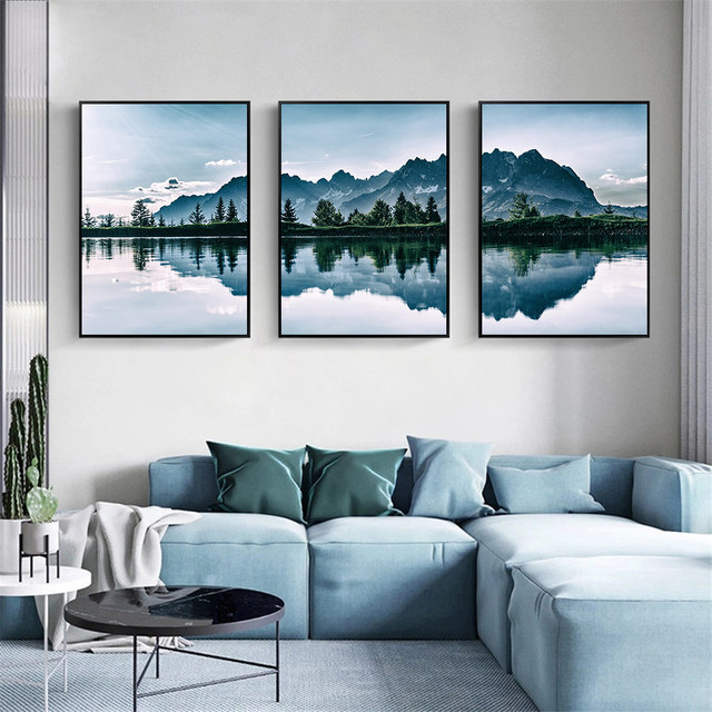 Plakat artystyczny na płótnie krajobraz górskiego jeziora Nordic Wall Art malarstwo salon dekoracja domowa - Wianko - 3