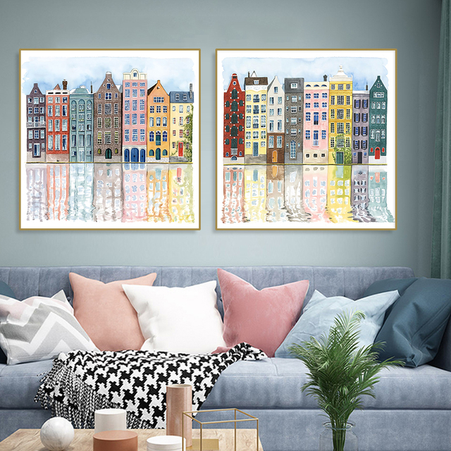 Akwarela ręcznie rysowane fasady starych kolorowych budynków - obraz plakat grafika Wall Art obraz do salonu Home Decor - Wianko - 6