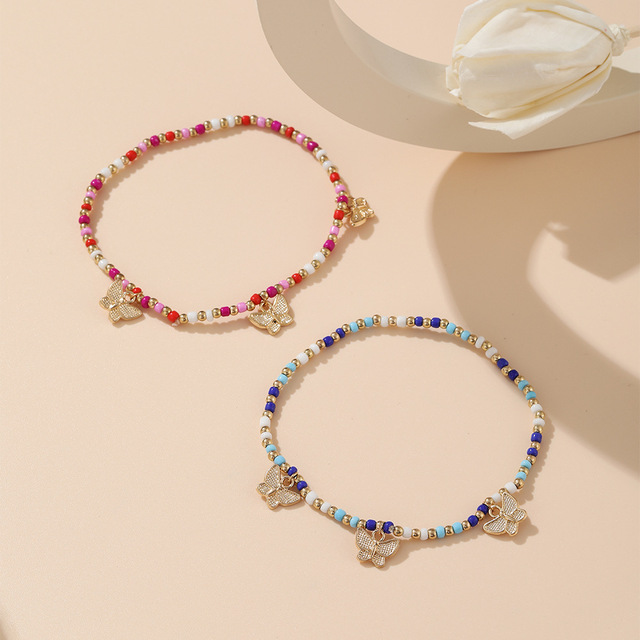 Zestaw dwóch plecionych bransoletek - kolorowe koraliki ryżowe z motywem motyla, liny łańcuchowe - biżuteria na plażę - Wianko - 6