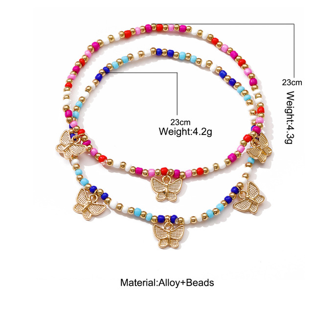 Zestaw dwóch plecionych bransoletek - kolorowe koraliki ryżowe z motywem motyla, liny łańcuchowe - biżuteria na plażę - Wianko - 2