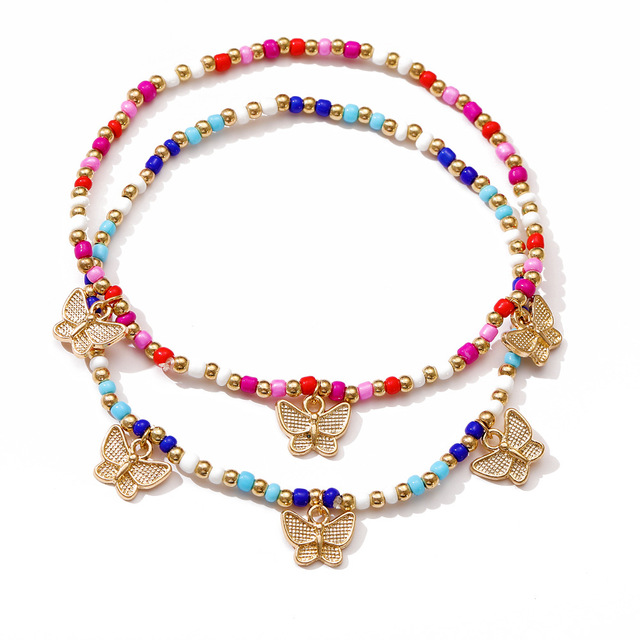 Zestaw dwóch plecionych bransoletek - kolorowe koraliki ryżowe z motywem motyla, liny łańcuchowe - biżuteria na plażę - Wianko - 3