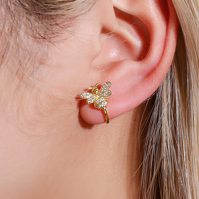 Klips do chrząstki ucha pszczoła kryształki złota - złote, nieprzebijalne punkty z kryształkami, biżuteria dla kobiet E378 - Wianko - 6