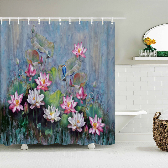 Zasłona prysznicowa 3D Lotus - kolorowe naturalne kwiaty, wodoodporna tkanina, dekoracja wnętrz - 12 haków - Wianko - 5