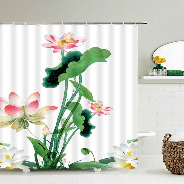 Zasłona prysznicowa 3D Lotus - kolorowe naturalne kwiaty, wodoodporna tkanina, dekoracja wnętrz - 12 haków - Wianko - 9