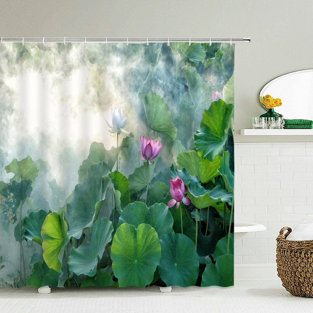 Zasłona prysznicowa 3D Lotus - kolorowe naturalne kwiaty, wodoodporna tkanina, dekoracja wnętrz - 12 haków - Wianko - 6