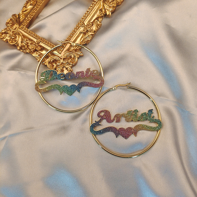 Kolczyki Hoop spersonalizowane z własną nazwą, stal nierdzewna, duże i kolorowe, z tabliczką znamionową dla kobiet.biżuteria - Wianko - 33