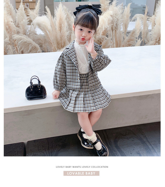 Stylowa dwuczęściowa dziewczęca sukienka jesiennej mody: plisowana spódnica oraz kratkowany płaszcz w stylu preppy, 1-7 lat - Wianko - 11