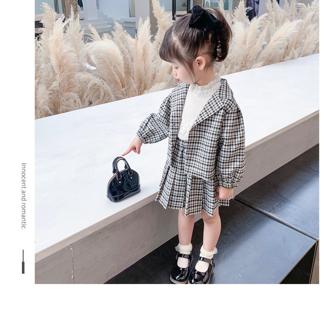Stylowa dwuczęściowa dziewczęca sukienka jesiennej mody: plisowana spódnica oraz kratkowany płaszcz w stylu preppy, 1-7 lat - Wianko - 12