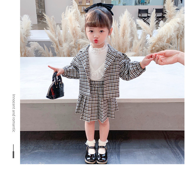 Stylowa dwuczęściowa dziewczęca sukienka jesiennej mody: plisowana spódnica oraz kratkowany płaszcz w stylu preppy, 1-7 lat - Wianko - 6