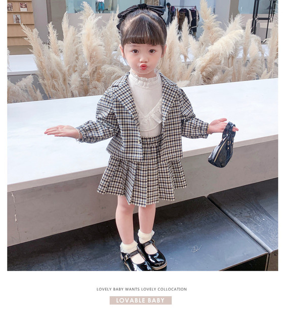 Stylowa dwuczęściowa dziewczęca sukienka jesiennej mody: plisowana spódnica oraz kratkowany płaszcz w stylu preppy, 1-7 lat - Wianko - 5