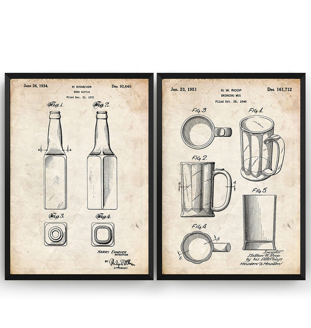 Blueprint plakat na płótnie Vintage piwo i zestaw butelek 2 patentów - dekoracje ścienne restauracji Pub, malarstwo Living Home Art - Wianko - 2