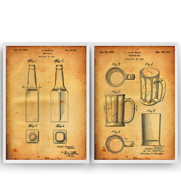 Blueprint plakat na płótnie Vintage piwo i zestaw butelek 2 patentów - dekoracje ścienne restauracji Pub, malarstwo Living Home Art - Wianko - 6