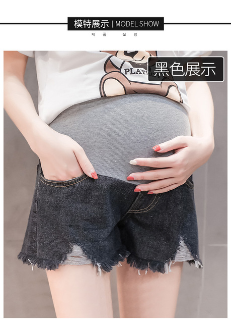 Spodnie ciążowe lato 2019 - krótkie, wysoka talia, dżinsowe, czarne/niebieskie - Wianko - 2