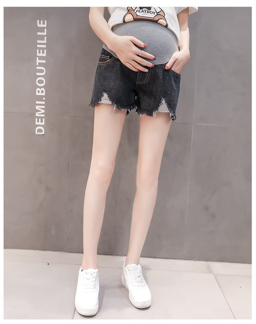 Spodnie ciążowe lato 2019 - krótkie, wysoka talia, dżinsowe, czarne/niebieskie - Wianko - 4