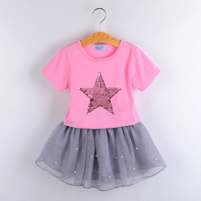 Zestaw ubrań dla dzieci - T-shirt z cekinami i sukienka w nowoczesnym letnim stylu - Wianko - 4