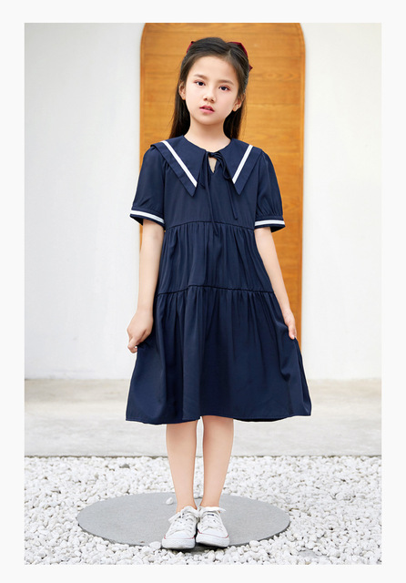 Letnia szkoła sukienek dla dziewczynek - niebieskie, bawełniane, śliczne, preppy - rozmiary 6-16 lat - Wianko - 1