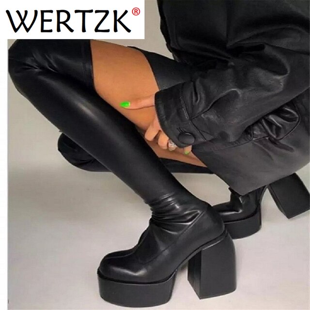 Buty damskie do kolan z elastyczną skórą z mikrofibry, szpilki, czarne, zimowe, 2021 - Wianko - 4