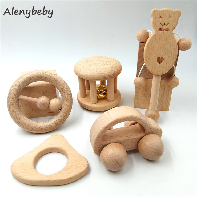 Drewniany gryzak do ząbkowania dla niemowląt - naturalne drewno bukowe, dziewczynka i chłopiec, szkolenie organiczne, zabawka Montessori z grzechotką - Wianko - 1