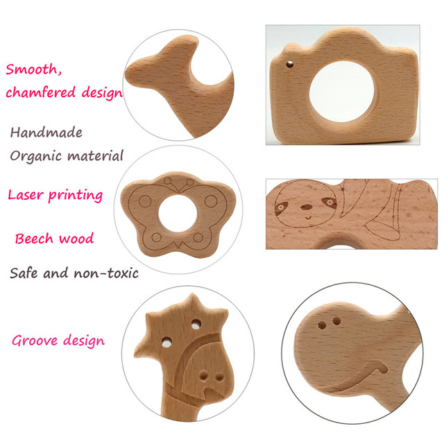 Drewniany gryzak do ząbkowania dla niemowląt - naturalne drewno bukowe, dziewczynka i chłopiec, szkolenie organiczne, zabawka Montessori z grzechotką - Wianko - 3