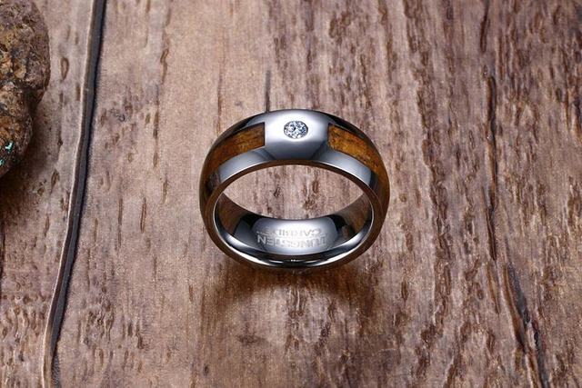 Pierścień Vintage z drewnianym elementem, srebrny węglik wolframu, kryształ odporne na zarysowania, grawerowane imię, 8mm - Wianko - 2