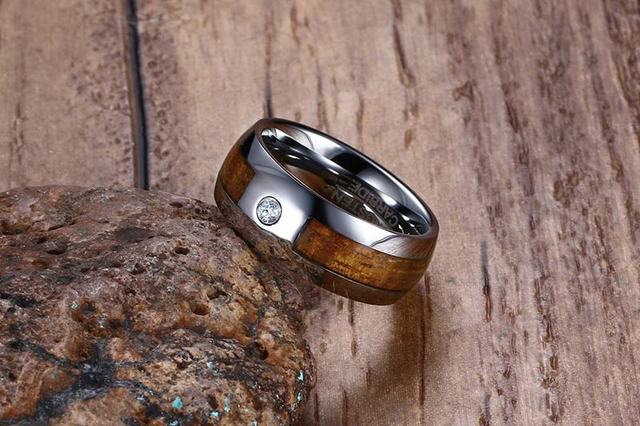 Pierścień Vintage z drewnianym elementem, srebrny węglik wolframu, kryształ odporne na zarysowania, grawerowane imię, 8mm - Wianko - 5