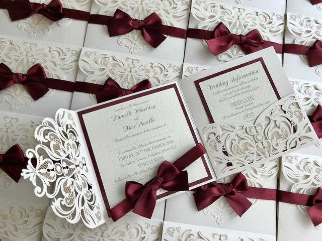 Karty zaproszeń ślubnych - 10 sztuk laserowo wycinane, treść niestandardowa, drukowane koperty - Wianko - 7