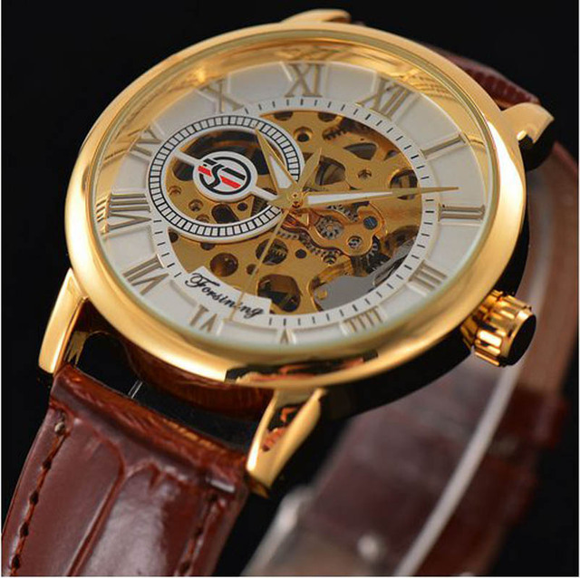 Zegarek mechaniczny męski Forsining 2021 z paskiem ze złotego skóry i grawerowanym 3D logo w przezroczystym etui - luksusowa marka, szkieletowy design - Wianko - 3