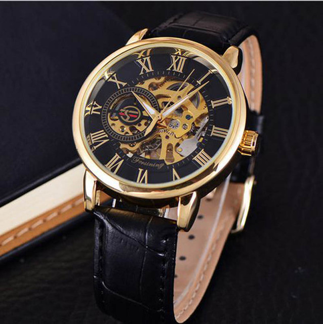 Zegarek mechaniczny męski Forsining 2021 z paskiem ze złotego skóry i grawerowanym 3D logo w przezroczystym etui - luksusowa marka, szkieletowy design - Wianko - 2