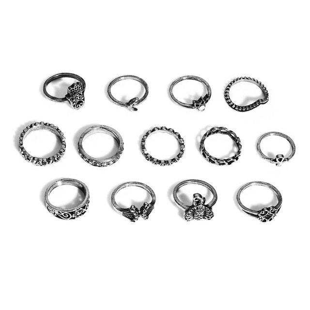 Docona 13 sztuk srebrnych zestawów pierścieni Bohemia Antique z motywem słoń Hamsa - biżuteria dla kobiet - Wianko - 3