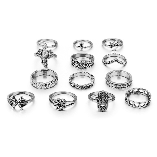 Docona 13 sztuk srebrnych zestawów pierścieni Bohemia Antique z motywem słoń Hamsa - biżuteria dla kobiet - Wianko - 4