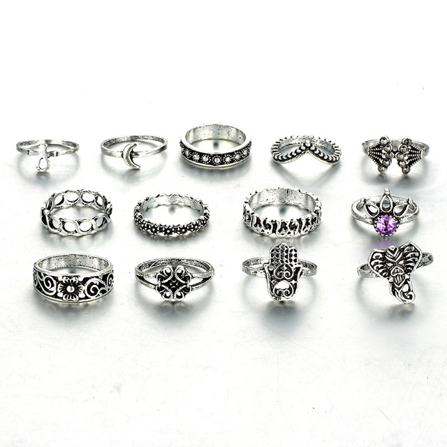 Docona 13 sztuk srebrnych zestawów pierścieni Bohemia Antique z motywem słoń Hamsa - biżuteria dla kobiet - Wianko - 1