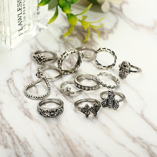 Docona 13 sztuk srebrnych zestawów pierścieni Bohemia Antique z motywem słoń Hamsa - biżuteria dla kobiet - Wianko - 5