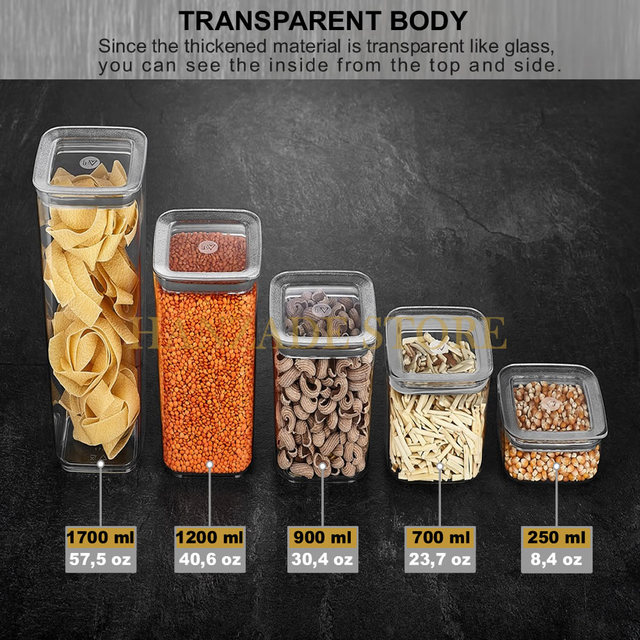 Zestaw 12 sztuk Próżniowych Pojemników na Żywność do Spiżarni, Kuchni i Lodówki - Organizator, Wysoka Jakość, Nowoczesny, Przezroczysty, Kwadratowy, Oryginalny - Makaron, Ryż, Cukierki, Kawowe - Wianko - 3
