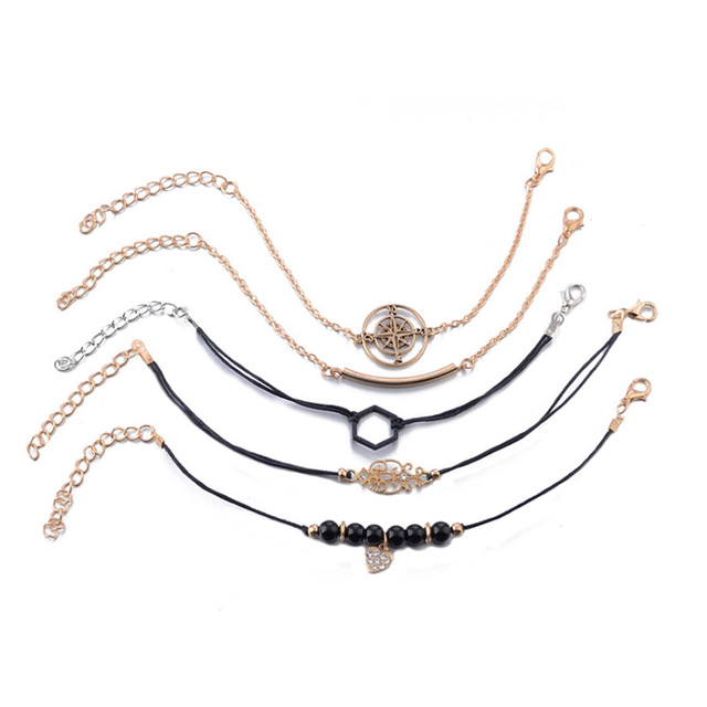 Bransoletki łańcuszkowe z czarnym koralikiem w stylu retro, zestaw 5 sztuk, wielowarstwowe, metalowe liny i woskowe łańcuchy, biżuteria Viking - Wianko - 7