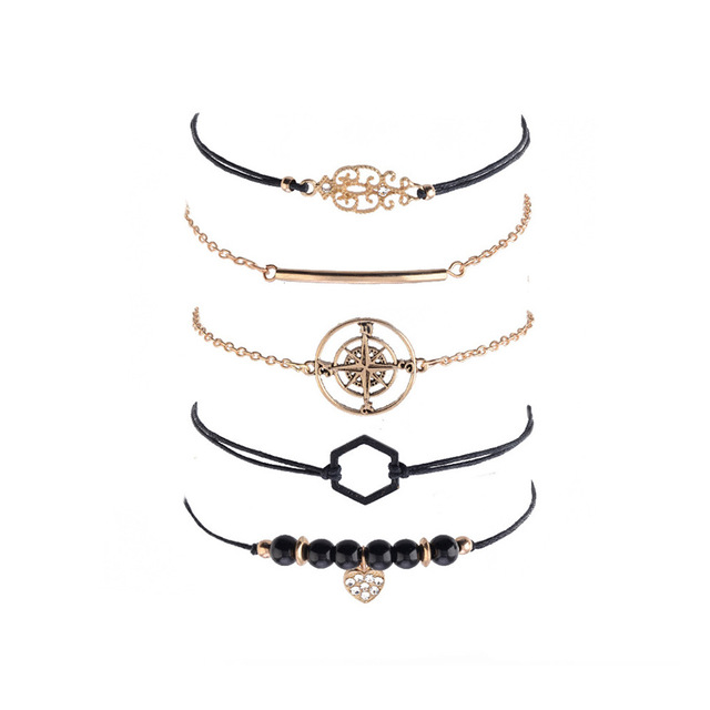 Bransoletki łańcuszkowe z czarnym koralikiem w stylu retro, zestaw 5 sztuk, wielowarstwowe, metalowe liny i woskowe łańcuchy, biżuteria Viking - Wianko - 6