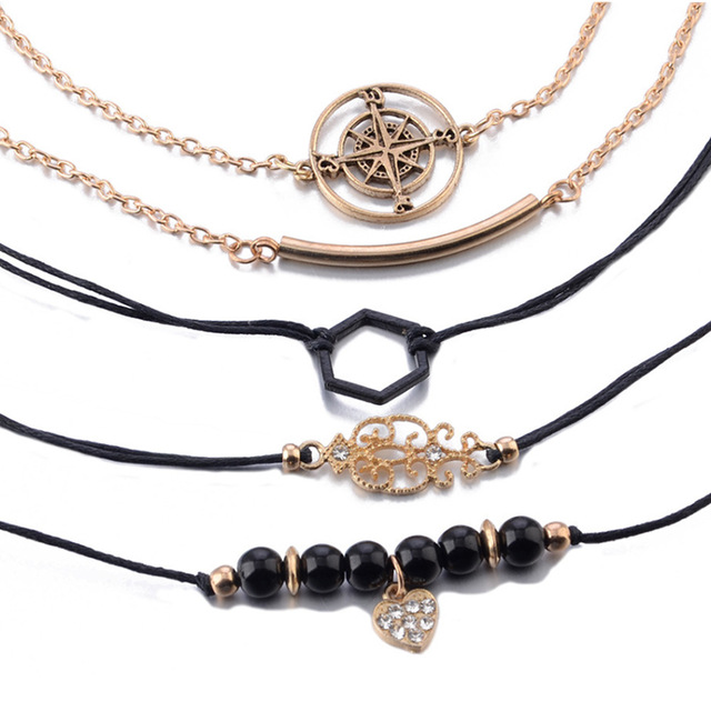 Bransoletki łańcuszkowe z czarnym koralikiem w stylu retro, zestaw 5 sztuk, wielowarstwowe, metalowe liny i woskowe łańcuchy, biżuteria Viking - Wianko - 5