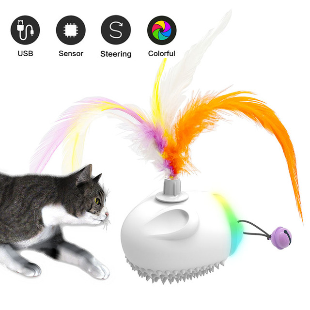 Inteligentna skacząca piłeczka interaktywna dla kota z piórem, efektem LED, dzwonkiem i możliwością ładowania przez USB - Wianko - 3