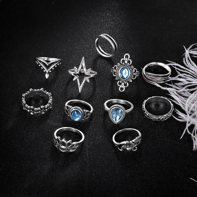 Zestaw 11 antycznych pierścieni srebrnych z kolorowym piórem, koroną, gwiazdą, kryształem, dziurką, lotosowym kwiatem, wisiorkiem i krzyżem - pierścionki na Midi i Knuckle Finger - Wianko - 3