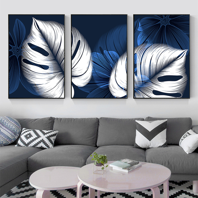Nowoczesny obraz abstrakcyjny na płótnie - liście i kwiaty w stylu skandynawskim, niebiesko-białe, wysoka jakość (HD) - Home Decor - Wianko - 4