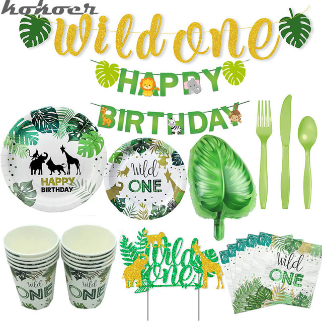 Jednorazowe naczynia na imprezę: Baby Shower dziki urodzinowy safari - talerze, kubki, banner, dekoracje (tropikalna dżungla) - chłopiec, dziewczynka - Wianko - 1