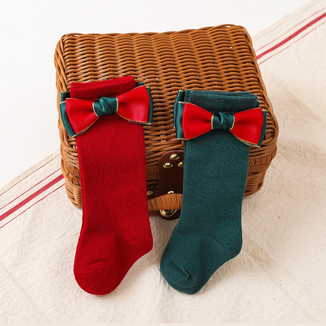 Skarpety świąteczne dla dziewczynek w czerwonym kolorze z kokardą - długie, bawełniane, kolana - 0-5 lat - Wianko - 8