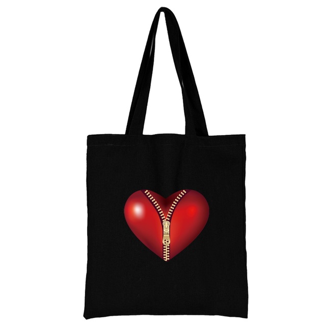Damska torba na zakupy z tkaniny w modnym klasycznym wzorze serii Serce - wielokrotnego użytku, czarny wydruk na płótnie, duża pojemność - Wianko - 25